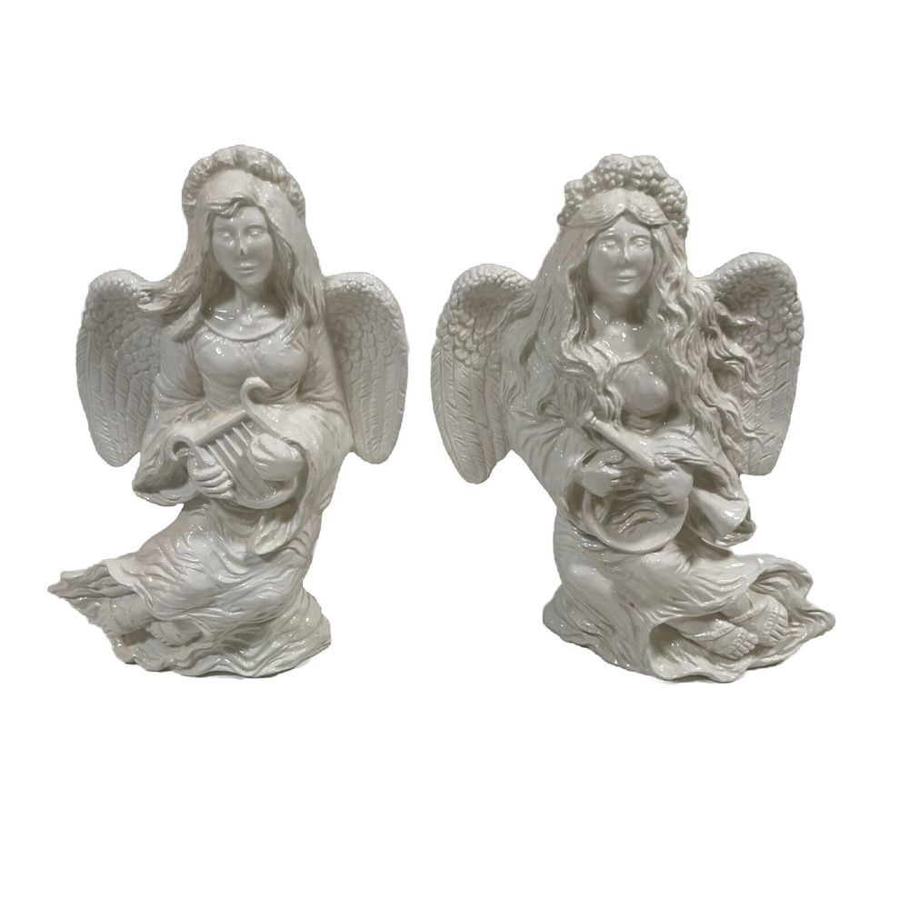 Vintage Ceramic 8.5" Angels Statues‎ Playing Instruments Initialed BC '99'